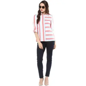 Generic Women's Cotton Striped Roll Up Sleeve Regular Top (Red)