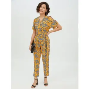 Generic Women's Polyester Printed Half Sleeve Long Jumpsuit (Yellow)