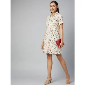 Generic Women's Polyester Floral Short Sleeve Above Knee Dress (Multicolor)
