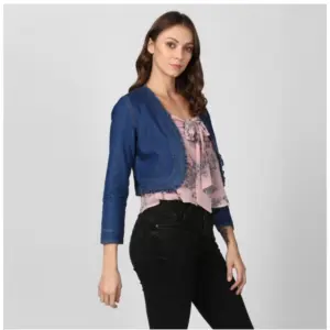 Generic Women's Denim Ruffled Long Sleeves Shrug (Navy Blue)