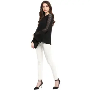 Generic Women's Polyester Georgette Self Design Bell Sleeve Regular Top (Black)