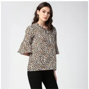 Generic Women's Polyester Animal Print Bell Sleeve Top (Orange - Black)