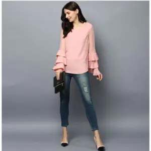Generic Women's Polyester Solid Tier Sleeve Top (Pink)
