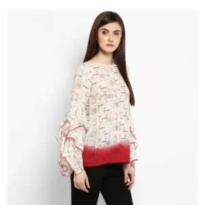 Generic Women's Rayon Crepe Printed Ruffle Sleeve Top (Off White - Red)
