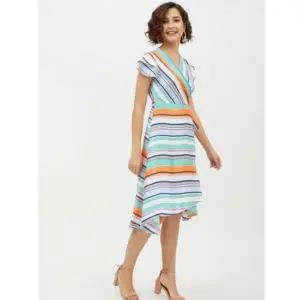 Generic Women's Satin Striped Short Sleeve Knee-Length Dress (Multicolor)