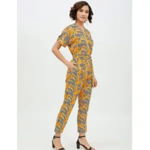 Generic Women's Polyester Printed Half Sleeve Long Jumpsuit (Yellow)