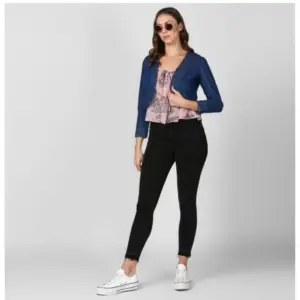 Generic Women's Denim Ruffled Long Sleeves Shrug (Navy Blue)