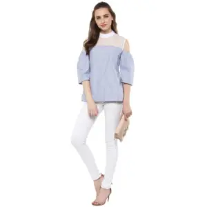 Generic Women's Cotton Striped Cold Shoulder Top (Blue)