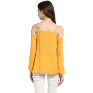 Generic Women's Rayon Embellished Cold Shoulder Regular Top (Mustard Yellow)