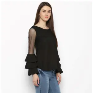 Generic Women's Polyester Solid Tier Sleeve Top (Black)