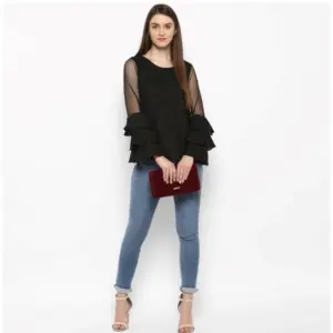 Generic Women's Polyester Solid Tier Sleeve Top (Black)