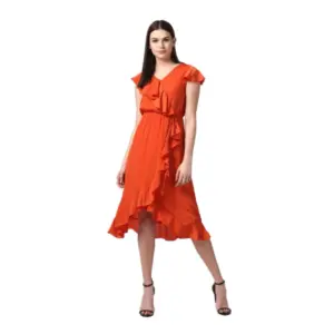 Generic Women's Polyester Ruffled Cap Sleeve Knee-Length Dress (Orange)