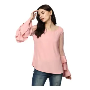 Generic Women's Polyester Solid Tier Sleeve Top (Pink)