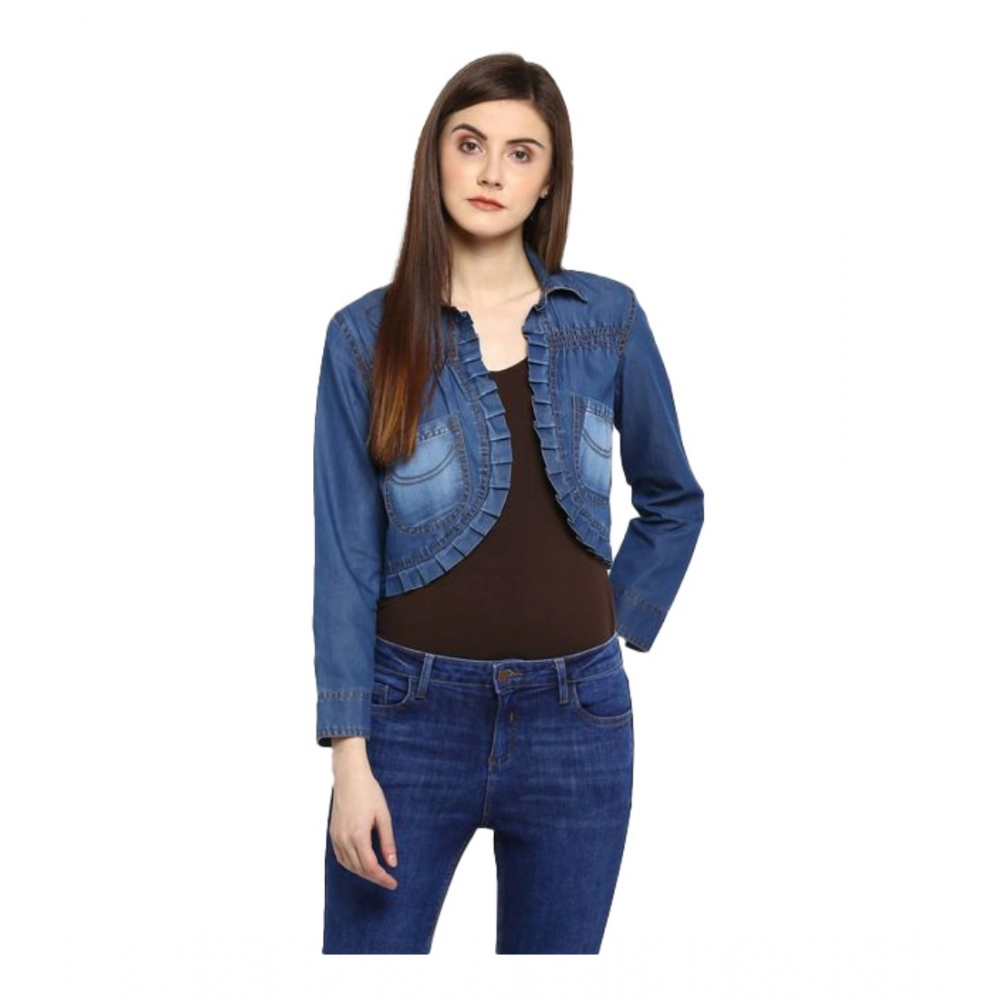 Generic Women's Denim Pleated 3-4th Sleeves Shrug (Blue)