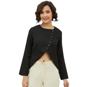 Generic Women's Polyester Asymmetrical Long Sleeves Top (Black)