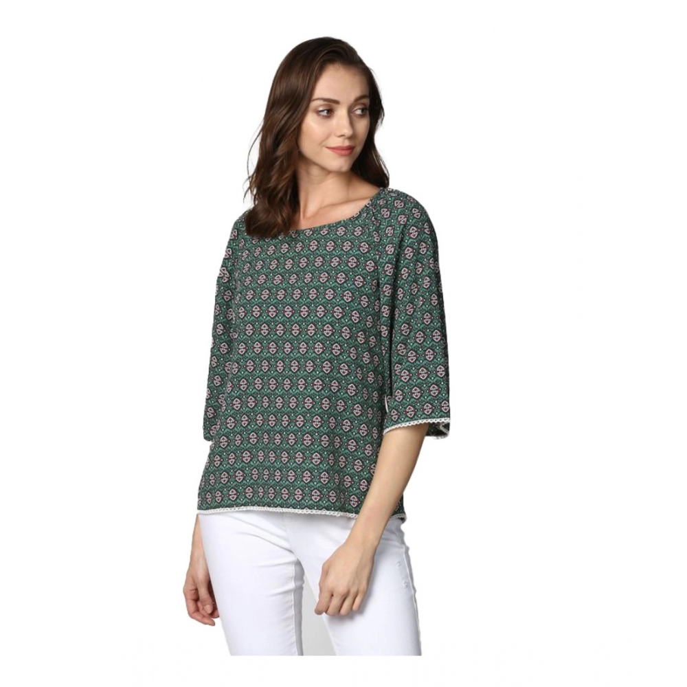 Generic Women's Polyester Printed 3-4th Sleeves Top (Green)