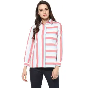 Generic Women's Cotton Striped Roll Up Sleeve Regular Top (Red)