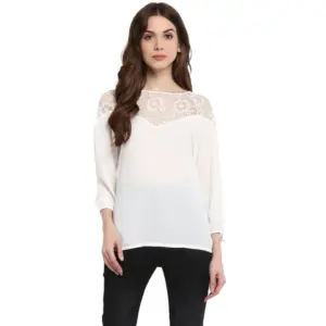 Generic Women's Polyester Georgette Self Design 3-4th Sleeves Regular Top (White)