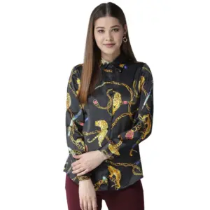 Generic Women's Satin Printed Long Sleeves Standard Length Shirt (Black - Gold)