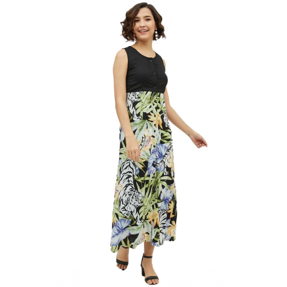 Generic Women's Rayon Floral Sleeveless Calf-length Dress (Multicolor)