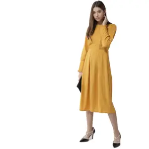 Generic Women's Polyester Pintuck Long Sleeves Below Knee Dress (Yellow)