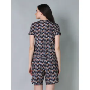 Generic Women's Cotton Blended Printed Round Neck Half Sleeve Top - Shorts Set (Blue-Brown)
