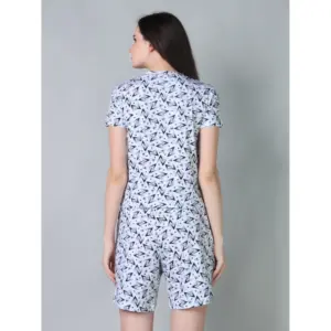 Generic Women's Cotton Blended Printed Round Neck Half Sleeve Top - Shorts Set (White-Black)