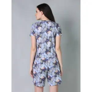 Generic Women's Cotton Blended Printed Round Neck Half Sleeve Top - Shorts Set (Blue-Peach)
