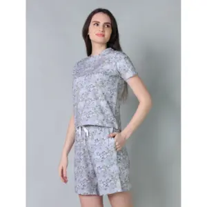 Generic Women's Cotton Blended Printed Round Neck Half Sleeve Top - Shorts Set (Grey)