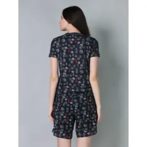 Generic Women's Cotton Blended Printed Round Neck Half Sleeve Top - Shorts Set (Black)