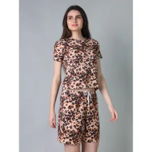 Generic Women's Cotton Blended Printed Round Neck Half Sleeve Top - Shorts Set (Peach)