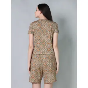 Generic Women's Cotton Blended Printed Round Neck Half Sleeve Top - Shorts Set (Beige)