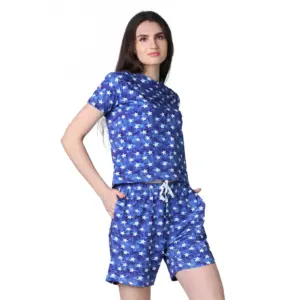 Generic Women's Cotton Blended Printed Round Neck Half Sleeve Top - Shorts Set (Blue)