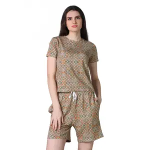 Generic Women's Cotton Blended Printed Round Neck Half Sleeve Top - Shorts Set (Beige)