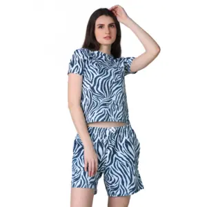 Generic Women's Cotton Blended Printed Round Neck Half Sleeve Top - Shorts Set (Blue)