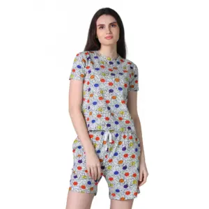 Generic Women's Cotton Blended Printed Round Neck Half Sleeve Top - Shorts Set (Grey)