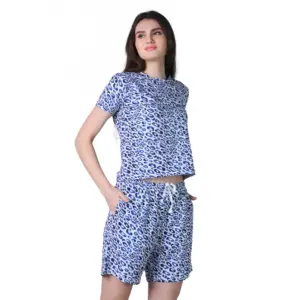 Generic Women's Cotton Blended Printed Round Neck Half Sleeve Top - Shorts Set (Blue)