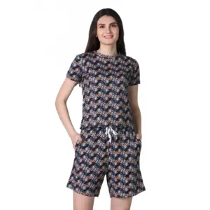 Generic Women's Cotton Blended Printed Round Neck Half Sleeve Top - Shorts Set (Blue-Brown)