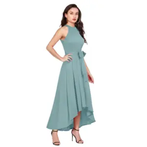Generic Women's Polyester Solid Halter Neck Sleeveless Dress (Pista)