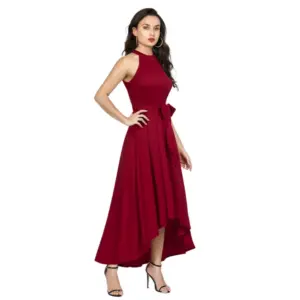 Generic Women's Polyster Solid Halter Neck Sleeveless Dress (Maroon)