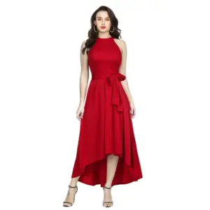 Generic Women's Polyster Solid Halter Neck Sleeveless Dress (Red)