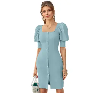 Generic Women's Knitting stretchable Solid Square Neck 3-4 Puff Sleeve Dress (Pista)