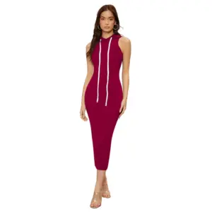 Generic Women's Knitting stretchable Solid Round Neck Sleeveless Dress (Maroon)