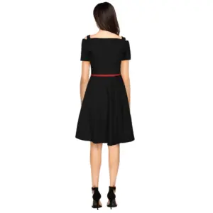 Generic Women's Polyester Solid V Neck Cap Sleeve Dress (Black)