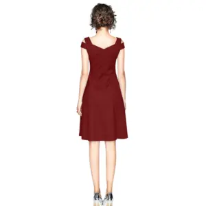 Generic Women's Polyester Solid V Neck Cap Sleeve off Shoulder Dress (Maroon)