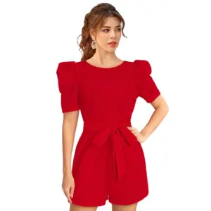 Generic Women's Knitting stretchable Solid Round Neck 3-4 Puff Sleeve Dress (Red )