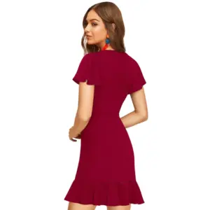 Generic Women's Knitting stretchable Solid V Neck Flaired Sleeve Dress (Maroon )