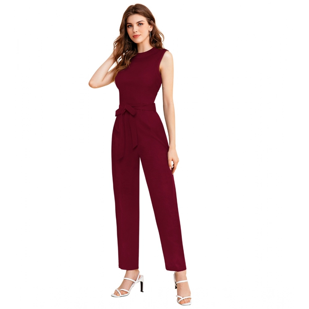 Generic Women's Knitting stretchable Solid Round Neck Sleeveless Jumpsuit (Maroon)