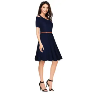 Generic Women's Polyester Solid V Neck Cap Sleeve Dress (Blue)