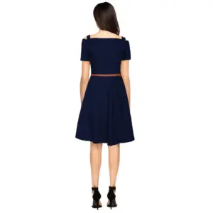 Generic Women's Polyester Solid V Neck Cap Sleeve Dress (Blue)